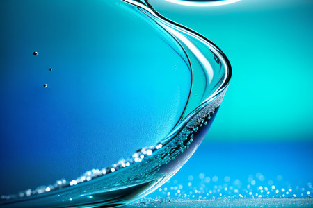 Water drops in a glass bowl on a blue background. close upの素材