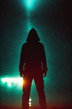Silhouette of a man in a raincoat at night.の素材