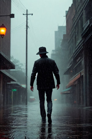 A man in a raincoat and hat walks through the rain.の素材