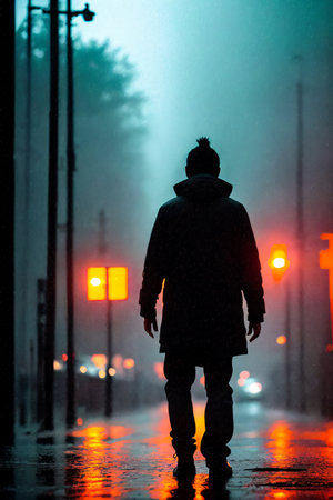 Man walking on wet street in heavy rain at night, rear viewの素材