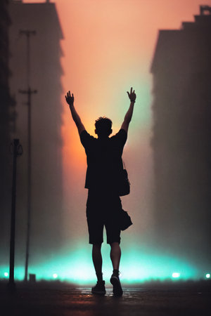 Silhouette of a young man dancing on the street at nightの素材