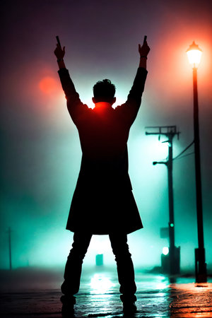 Silhouette of a man in a raincoat with hands raised upの素材