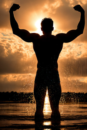 Silhouette of a strong bodybuilder in the water on a sunset backgroundの素材