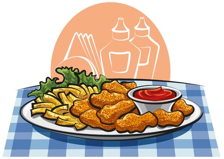 chicken nuggets and french friesのイラスト素材