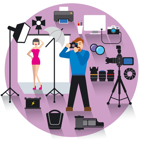 photo studio concept icon, set of photo equipment, camera, light, lenses and photographer with modelのイラスト素材