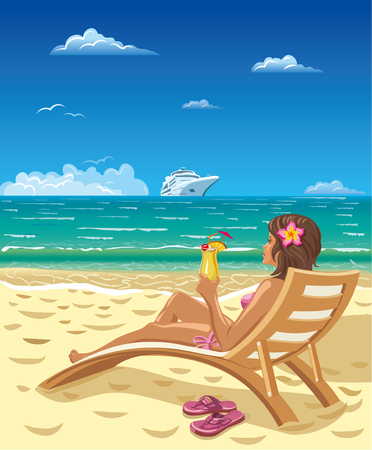 girl in lounge chair on beachのイラスト素材