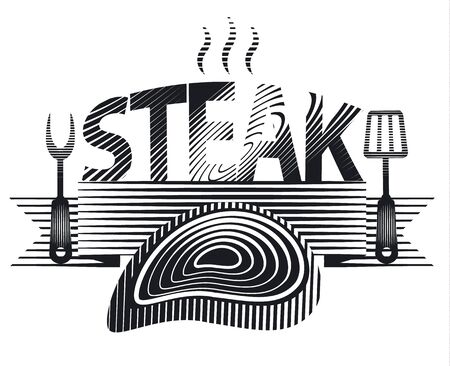 black and white illustration of steak signのイラスト素材