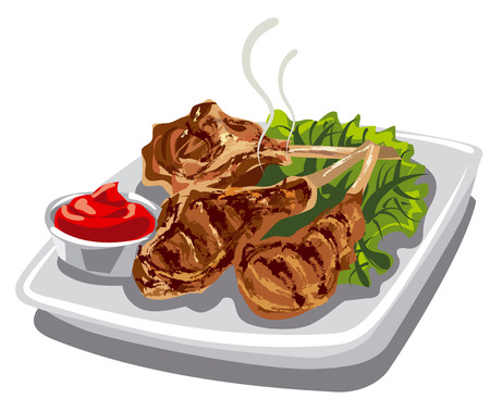 illustration of grilled lamb chops with tomato sauce and lettuceのイラスト素材