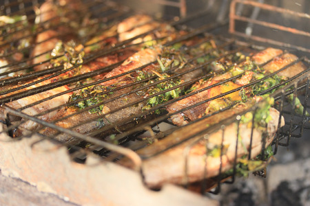 grilled fish hake on fire, barbeque, picnic, summerの写真素材