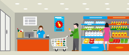 illustration of supermarket with shopping people and productsのイラスト素材