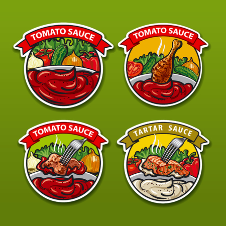 illustrations of tomato and garlic sauces stickersのイラスト素材