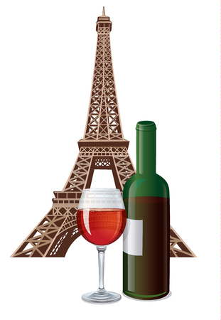 illustration of bottle and glass of french wine and eiffel towerのイラスト素材
