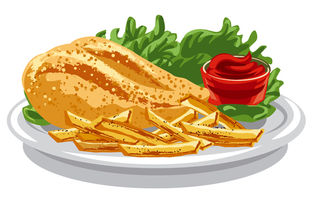 illustration of grilled chicken breast with fries and tomato sauceのイラスト素材
