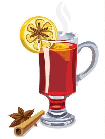 illustration of glass hot mulled wine with lemon and cinnamonのイラスト素材