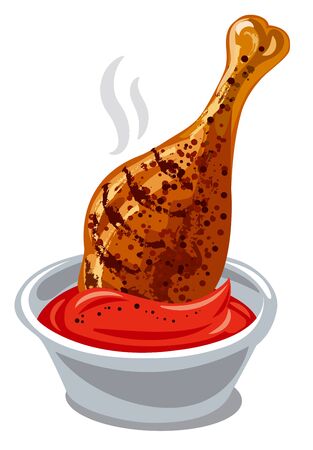 illustration of grilled chicken drumstick in tomato sauceのイラスト素材