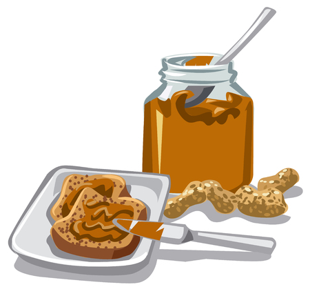 illustration of peanut butter in jar and sliced breadのイラスト素材