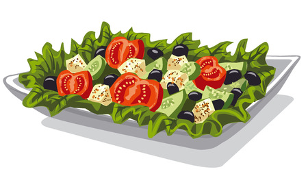 illustration of fresh vegetables salad with tomatoes, lettuce, feta, cucumbers and olivesのイラスト素材
