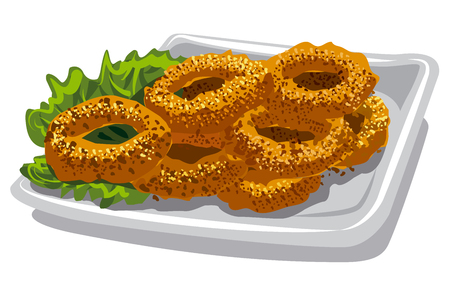illustration of fried squid rings with lettuce on plateのイラスト素材