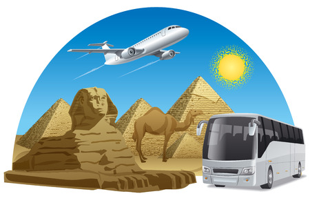 concept illustration of travel journey in egypt by bus and airplaneのイラスト素材