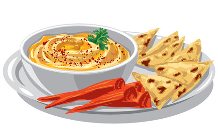 Illustration of jewish dish humus with pita on plateのイラスト素材