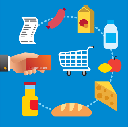 Concept illustration of buying food meal in supermarket by credit cardのイラスト素材