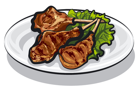 illustration of grilled lamb chops with lettuceのイラスト素材