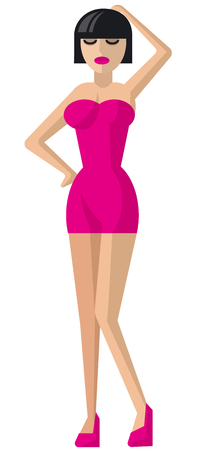 Flat illustration of posing young girl in a pink dressのイラスト素材