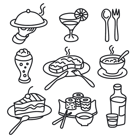 set of drawings icons for restaurant and cafe food and dishesのイラスト素材