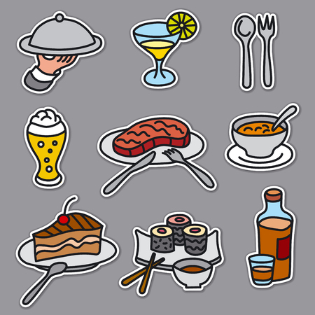set of stickers of restaurant and cafe food and dishesのイラスト素材