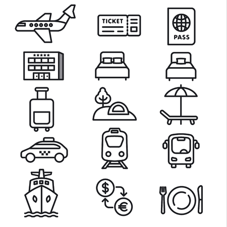 set of black white travel concept icons of resort, cruise and transportのイラスト素材