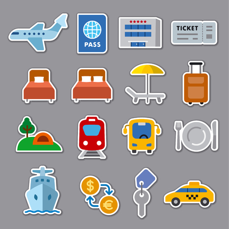 Set of travel concept flat stickers of resort, cruise and transportのイラスト素材