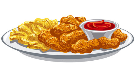 breaded chicken nuggets and french fries with sauceのイラスト素材