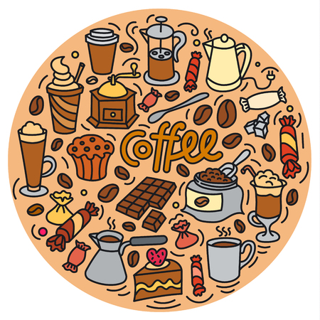concept illustration of coffee drink and cakes with sweetsのイラスト素材