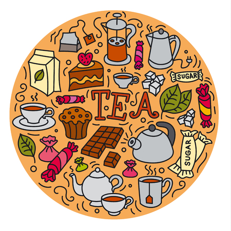 concept illustration of different desserts and tea iconのイラスト素材