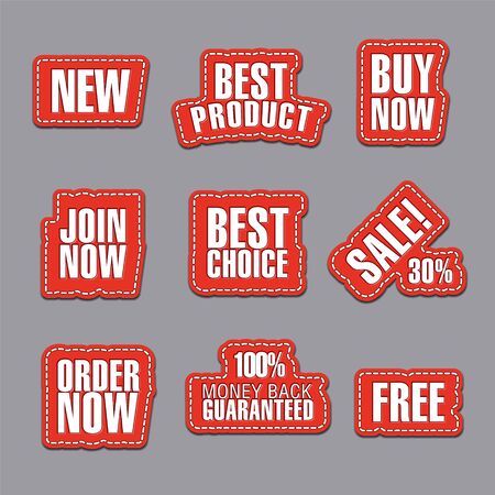 set of different text advertising and promotion badges, stickers and stripesのイラスト素材