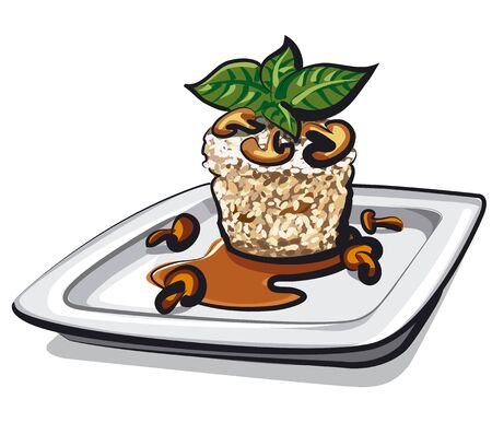 Risotto with mushrooms and sauce on the plateのイラスト素材