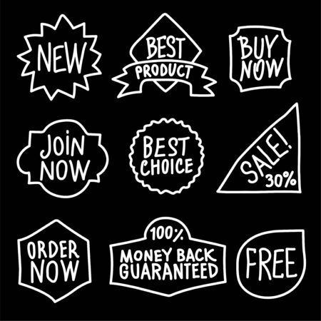 set of different outline advertising and promotion badges, tags and labels in the black outline colorのイラスト素材
