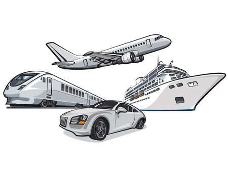 illustration of the transport for travel, car, train, cruise liner and airplaneのイラスト素材