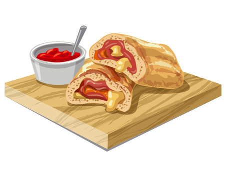 illustration of sliced pizza stromboli with tomato sauce on wooden boardのイラスト素材