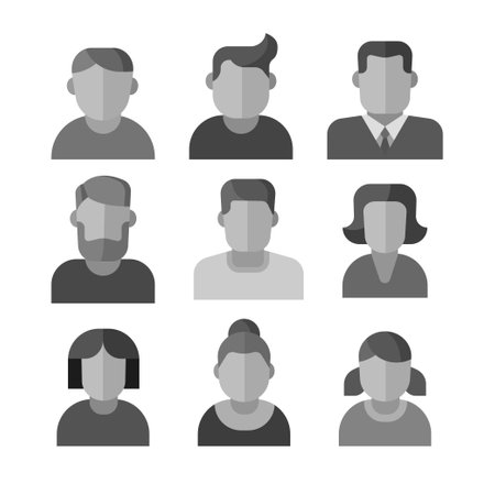 illustration of the female and male avatars set black and white color icons on the white backgroundのイラスト素材
