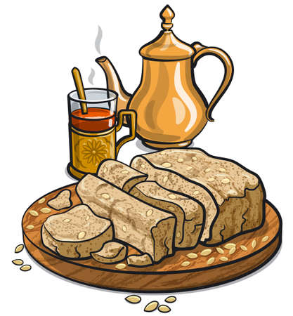 illustration of the halvah broken piece with crumbs and hot teaのイラスト素材