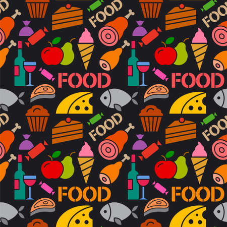 colorful illustration of food and grocery seamless patternのイラスト素材