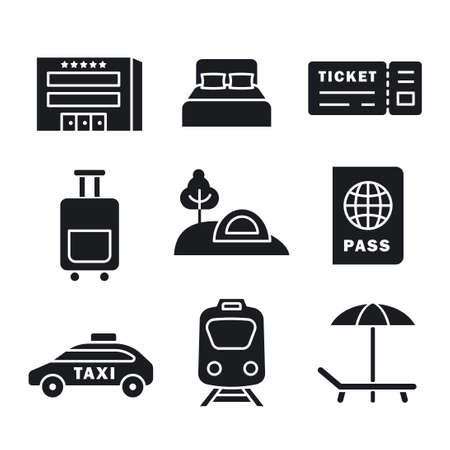 set of black white travel concept icons of resort, tour and transportのイラスト素材