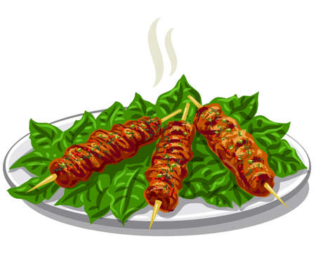 Illustration of the traditional turkish kofta kebab with greens on the plateのイラスト素材