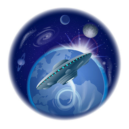 Concept illustration of the flying ufo space ship in outer space.のイラスト素材