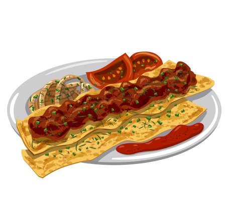 Illustration of the traditional hot turkish adana kebab with pita, tomato sauce and onion on the plateのイラスト素材
