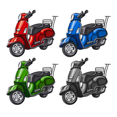 Illustration of the mopeds in a different colors on the white backgroundのイラスト素材