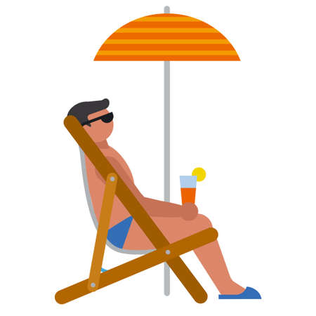 illustration of the man relaxing on the summer tropical beach under the umbrellaのイラスト素材