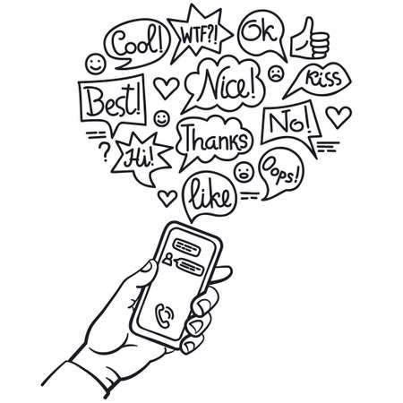 Illustration of the hand holding the smartphone and communication chatsのイラスト素材