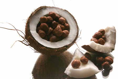 hazelnuts in a split coconut on white backgroundの写真素材